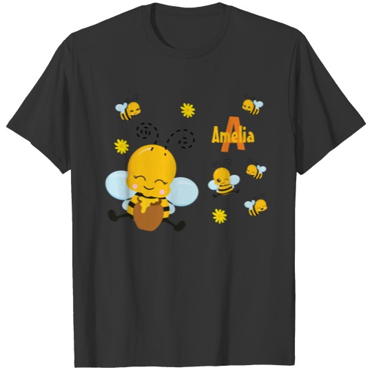 Cute Happy Bumble Bee with Flowers Blue T-shirt