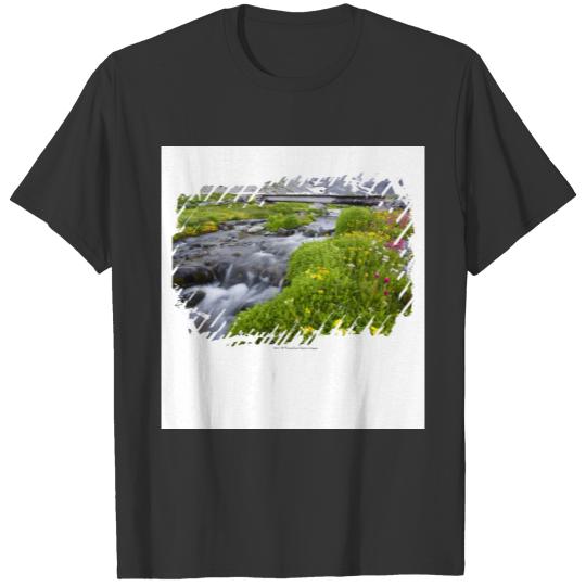Blurry River with Yellow White Pink Wildflowers T-shirt