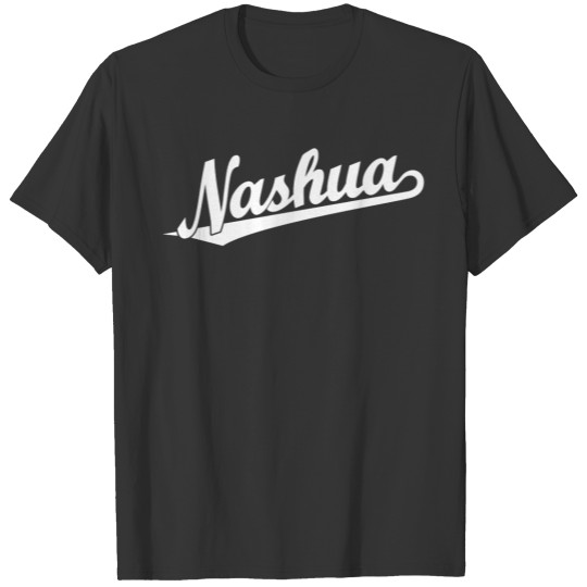Nashua script logo in white T-shirt