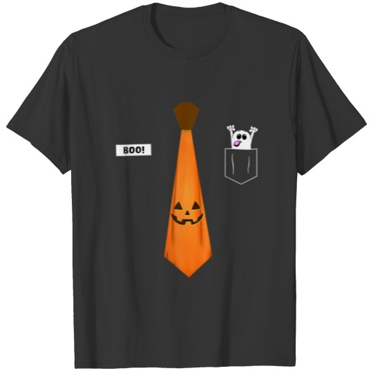Pumpkin Neck Tie Name Tag Pocket Ghost Halloween T-shirt