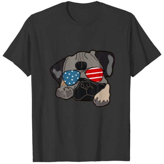 LOVE Dog Pug USA Flag Sunglasses 4Th Of July Dog L T-shirt