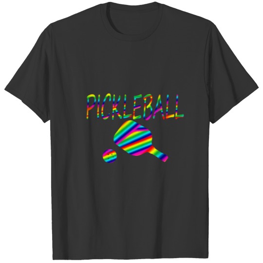 pickleball w paddle and ball rainbow stripes T-shirt