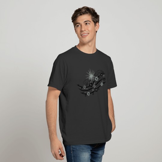 Sun with clouds, rainbow and flowers. T-shirt