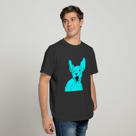 angry blue Sphynx cat with red eyes digital design T-shirt