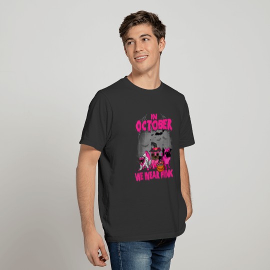 In October We Wear Pink Three Pugs Halloween Breas T-shirt