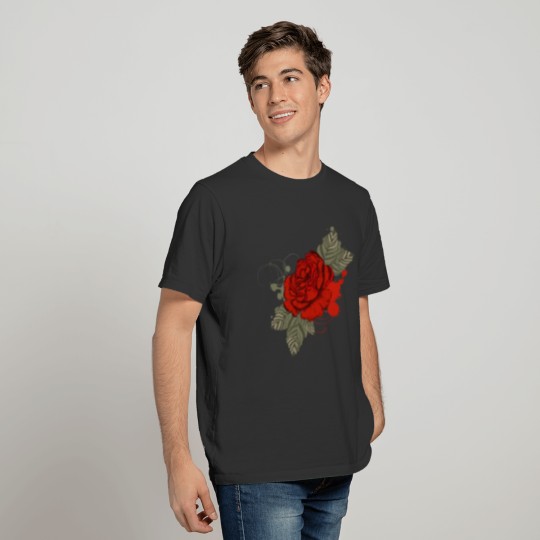 Drawing of a red rose with leaves T-shirt