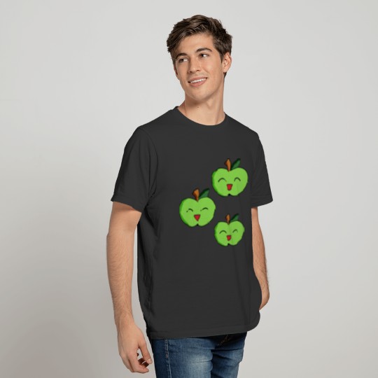 Happy healthy cute Kawaii green apples cartoon T-shirt