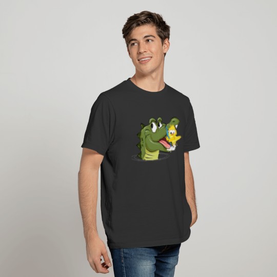Crocodile and yellow bird in dental care T-shirt