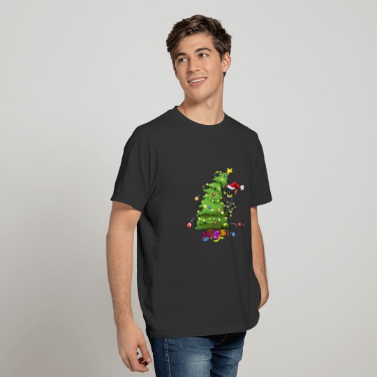 Santa Black Cat Tangled In Christmas Tree Lights T-shirt