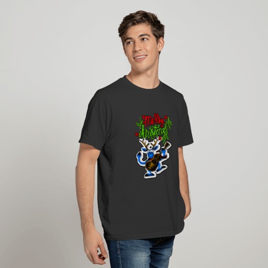 Merry Christmas Cute Deer Cartoon with a Guitar T-shirt