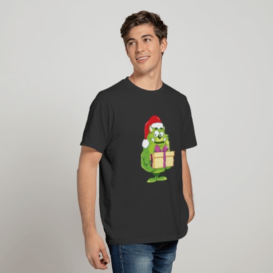 Santa Hat Green Cute Monster Box Noel Christmas T-shirt