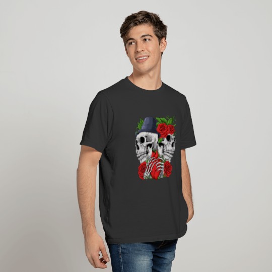 The Lovers Gothic Skulls Love Rose Heart Skeletons T-shirt