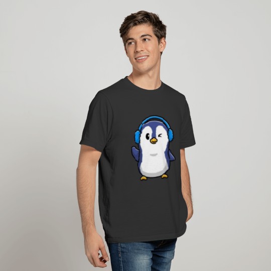 Cute penguin wearing earmuff blue T-shirt