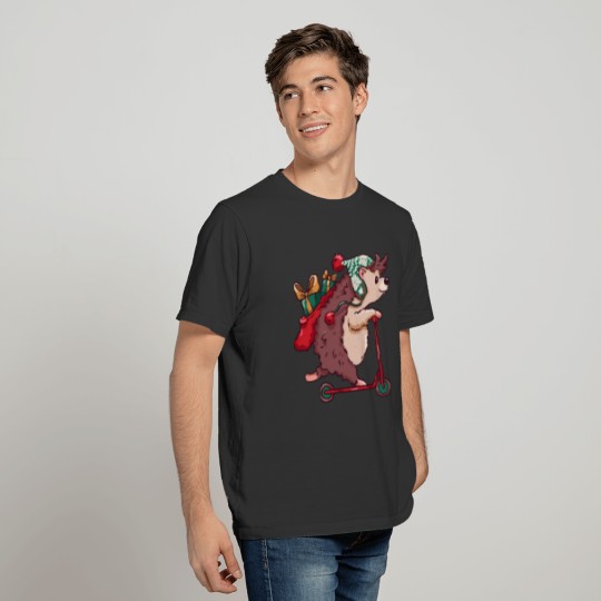 Cute Cartoon Christmas Hedgehog on Scooter T-shirt