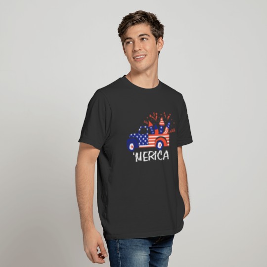 Merica Truck 4th of July Red White Blue USA Flag T-shirt