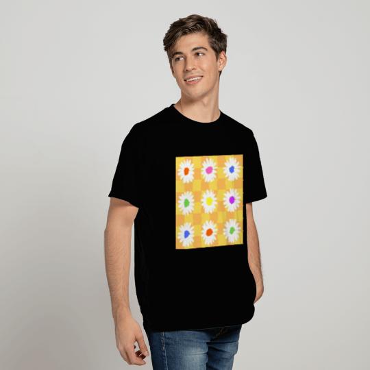 Retro Daisies - Orange and Yellow Checkerboard T Shirts