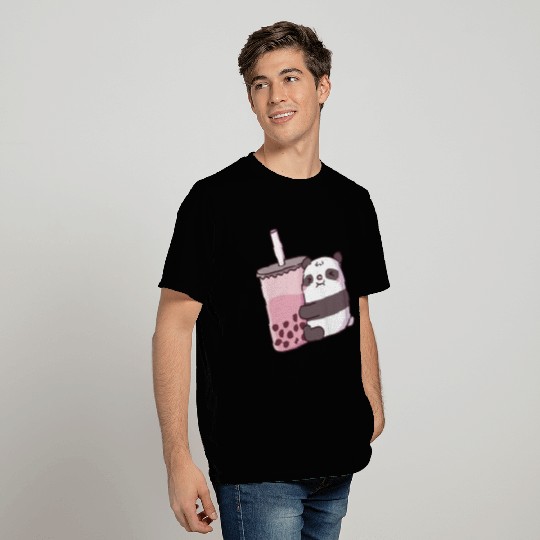 Cute Panda Bear Hugging Strawberry Bubble Tea T Shirts