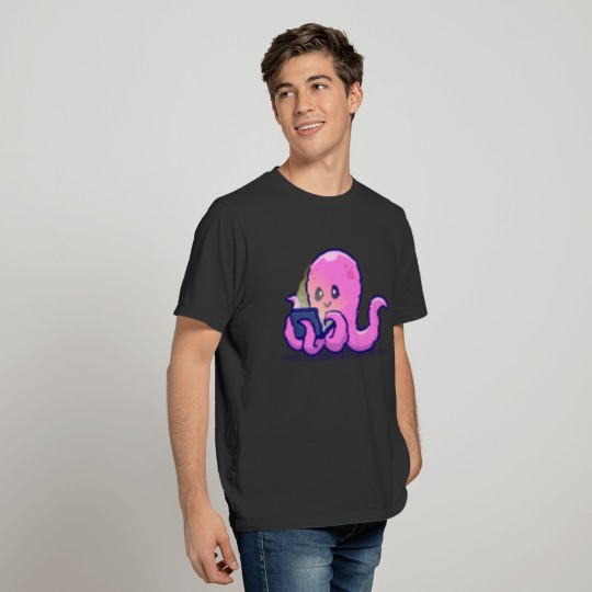 Cute Octopus Working On Laptop Cartoon T Shirts