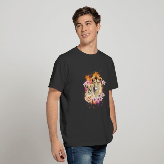 Lion Mom & Son Cubs with Flower Watercolor T Shirts