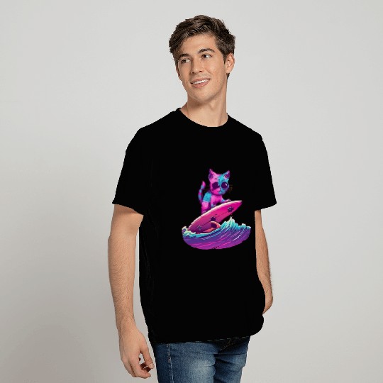 Synthwave Surfing Cat T Shirts