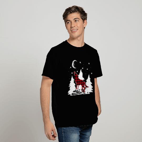 Buffalo Plaid Wolf Howling Christmas Pajama T Shirts