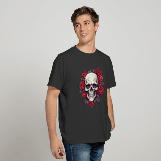 Skull and Roses Gothic Floral Art T Shirts