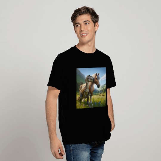 Palomino horse next to a velociraptor T Shirts
