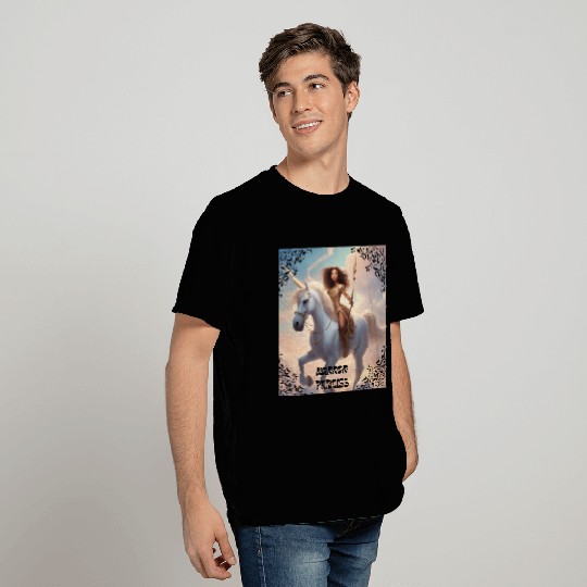Warrior Princess Riding on a Unicorn In Clouds T Shirts