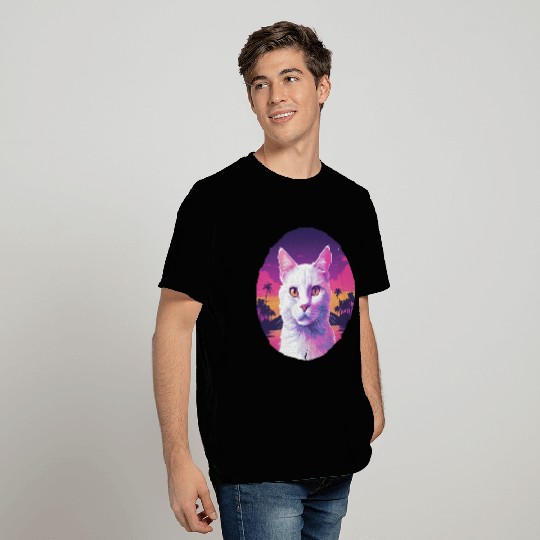 Synthwave White Cat 2 T Shirts