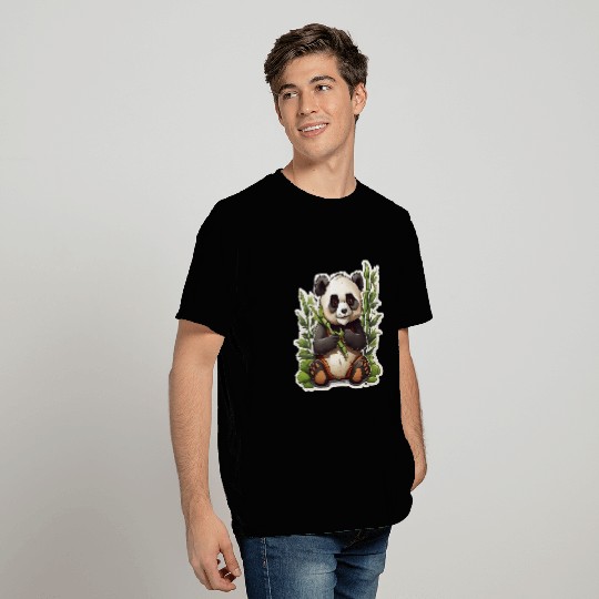 A cartoon and cute panda eating bamboo T Shirts