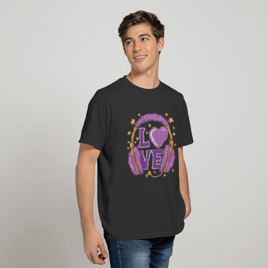 Purple Love Music Headphones with Stars and Heart T Shirts