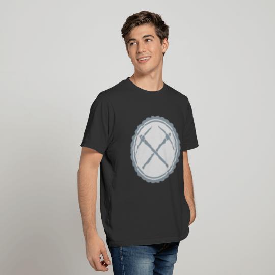 circle stamp button round 2 cross logo pickaxe pic T-shirt