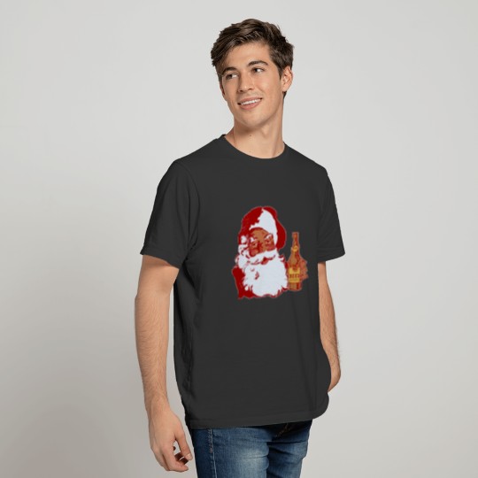 Retro Black Santa Claus with Beer Funny Christmas T-shirt