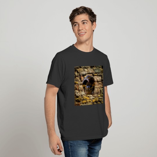 skull embedded on stone wall polo T-shirt