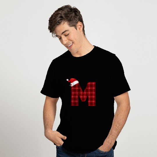 Christmas Plaid Initial Letter M Monogram Santa Hat Graphic T-Shirts