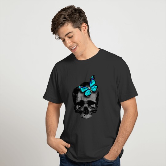 skull with butterfly blue T Shirts