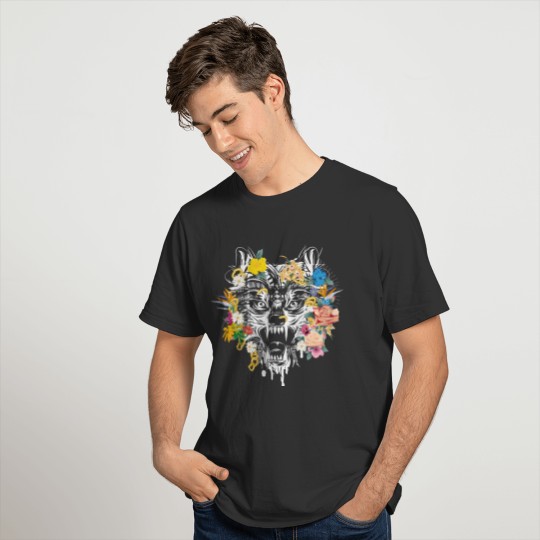 Wolf's head with flowers T-shirt