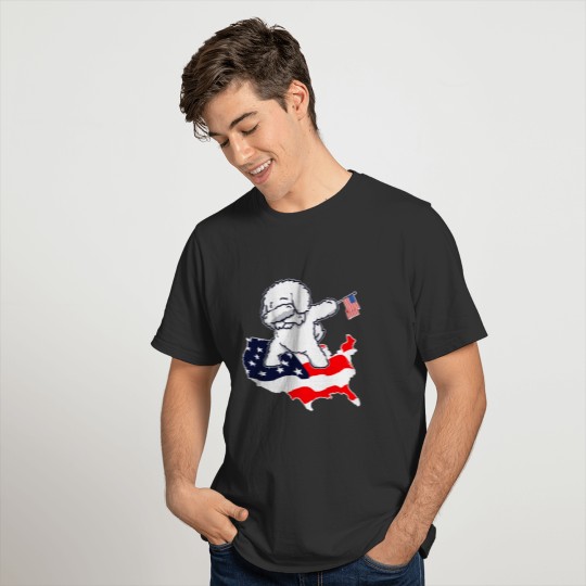 Funny Dabbing Bichon Frise on American Flag Map T-shirt