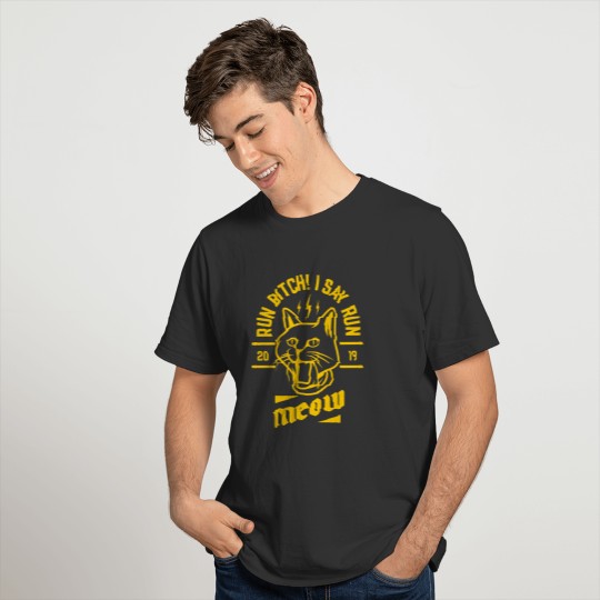 Cat Say Run Meow 2019 Yellow Funny Gift T-shirt