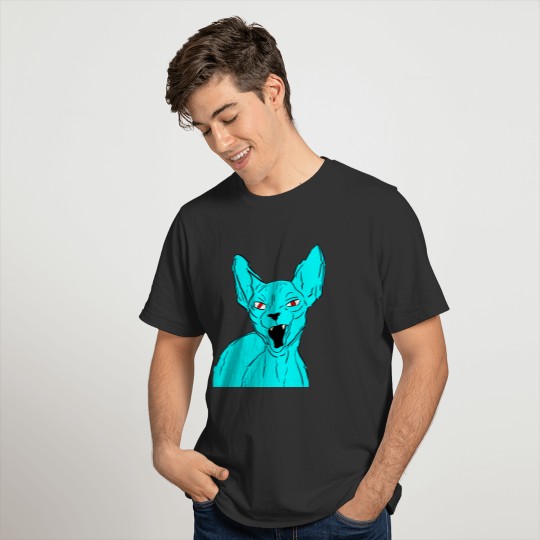 angry blue Sphynx cat with red eyes digital design T-shirt