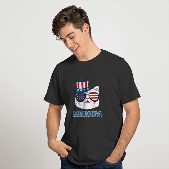 Meowica Cat Uncle Sam Hat USA American Flag Funny T-shirt