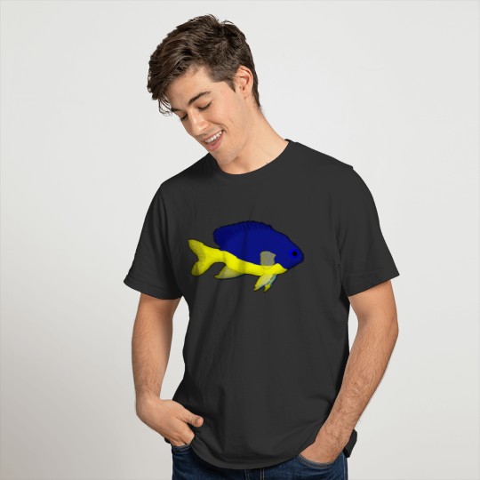 a blue and yellow reef fish T-shirt