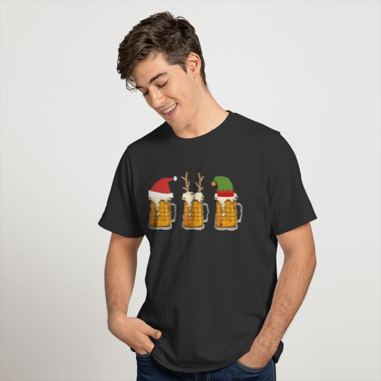 Christmas Beer Mugs Santa Elf Reindeer Drinking T-shirt
