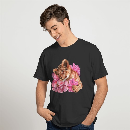 Lion cub with pink flowers lovely lion T Shirts