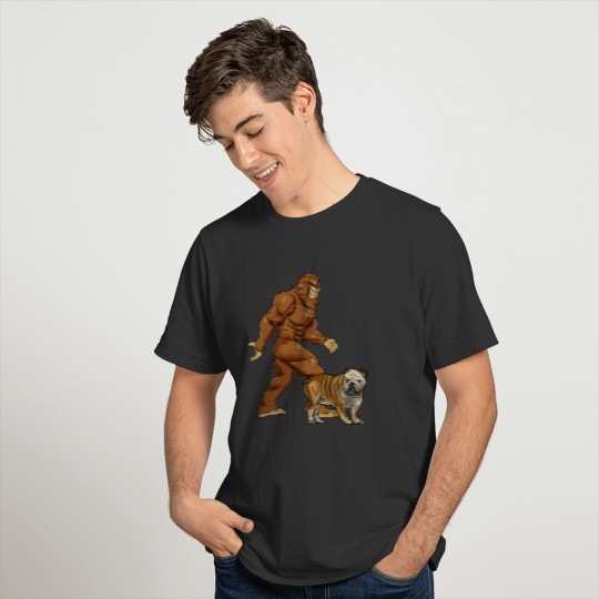 Funny Bigfoot Walking Bulldog Sasquatch Dog T Shirts