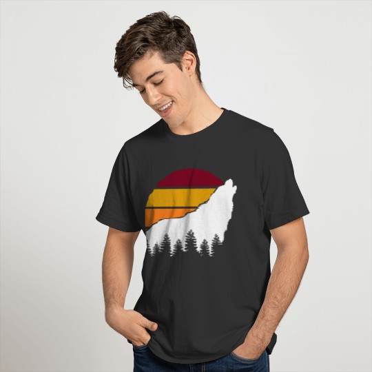 White Wolf Howling Forest Cutout Retro Sunset T Shirts