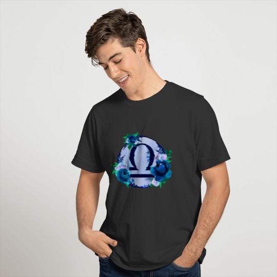 Libra Blue Flower Circle Horoscope Design T-shirt