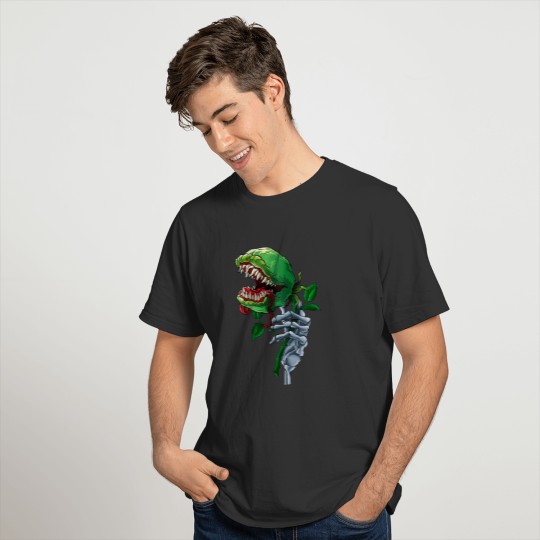 Skeleton Hand Holding Scary Venus Fly Trap T-shirt