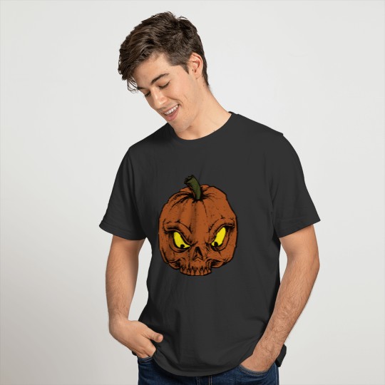 Scary Halloween pumpkin face with yellow eyes T-shirt