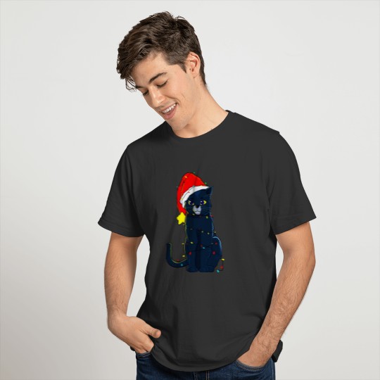 Black Cat Christmas Tree Lights Holiday Cats Lover T Shirts